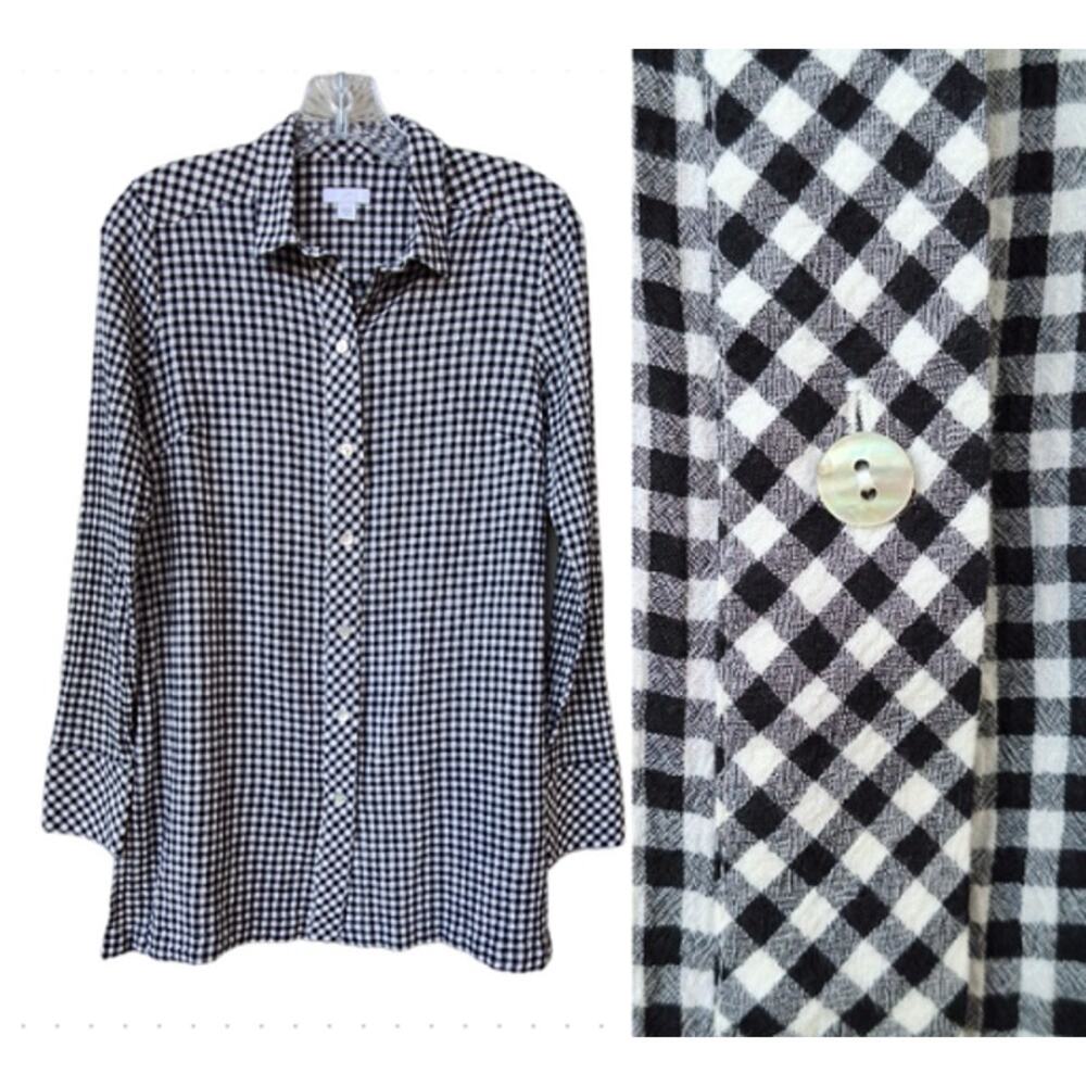 J. Jill Gingham Plaid Black and White Shirt Tunic Top Cotton Size XS Relaxed fit